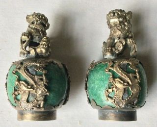 Vintage Seal Marked Chinese Foo Dog Temple Lion Stone & Silver Plate Figurines