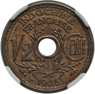 Rare French Indochina Vietnam 1935 1/2 Cent Essai Bronze Lec - 26 Ngc Ms - 64 Rb