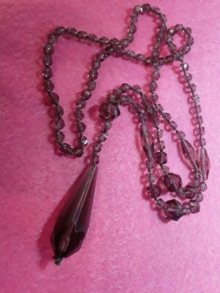 Equisite Necklace Art Deco Amethyst Czech Glass Pendant Flapper Hand Knot Silk