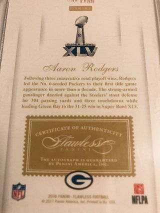 2016 Panini Flawless Aaron Rodgers Auto.  1/5 Made.  Rare.  Green Bay Packers. 2