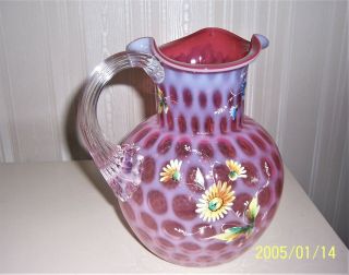 Vintage Fenton Coin Dot Cranberry Opalescent Floral Vase Pitcher Hand Painted