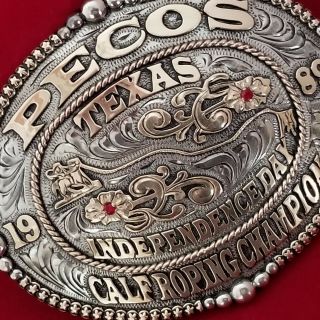 TROPHY RODEO BUCKLE CHAMPION - VINTAGE 1989 PECOS TEXAS CALF ROPING 850 3