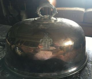 Antique English Sheffield Silver Plated Meat Dome With Heraldic Family Crest