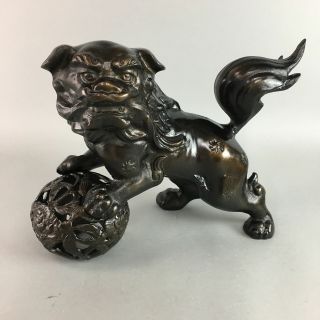 Japanese Iron Foo Dog Statue Vtg Metal Okimono Shishi Lion Ball Sculpture Bd467