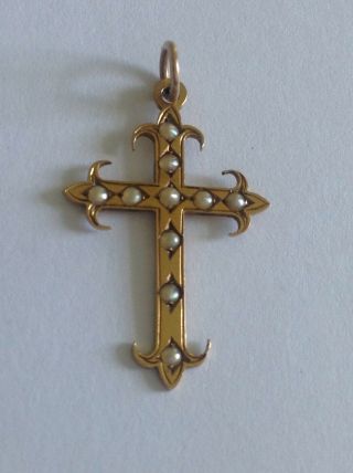 Charming Victorian 9ct Yellow Gold & Seed Pearl Set Pendant Cross