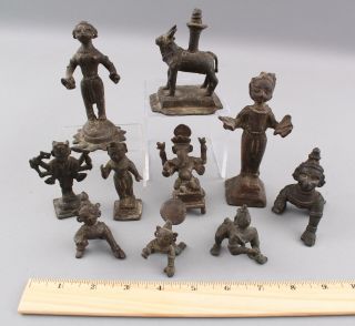 10 Small Antique Hindu Bronze Gods Idols Lord Ganesha,  Vishnu & Nandi,  Nr