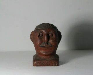 Antique Signed Folk Art Man with Moustache Sewer Tile Head Vase Signed 3