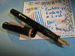 Vtg Conklin Endura Fountain Pen Flex 14k X Fine Point 3 Nib Black & Gold