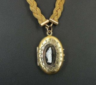 Victorian Vintage Black White Cameo Locket Mesh Braid Chain Gold Fill Necklace