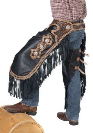Western Chinks Chaps - Floral - Antiqued Tooled Yoke Smooth Black Leather - M,  L