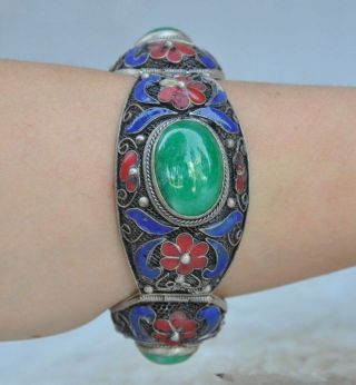 Chinese Old Tibet Dynasty Palace Cloisonne Silver Inlaid Jade Bracelet