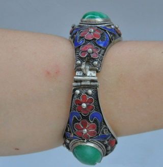 Chinese Old Tibet dynasty palace cloisonne silver inlaid jade bracelet 2