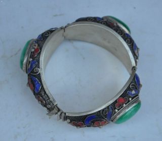 Chinese Old Tibet dynasty palace cloisonne silver inlaid jade bracelet 3