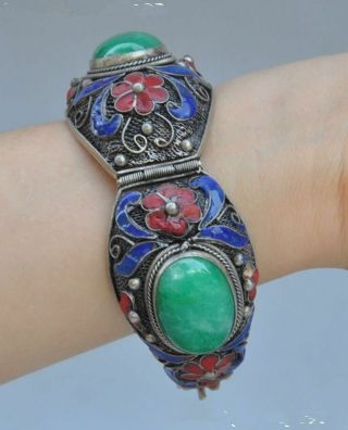 Chinese Old Tibet dynasty palace cloisonne silver inlaid jade bracelet 4