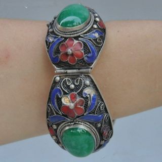 Chinese Old Tibet dynasty palace cloisonne silver inlaid jade bracelet 6