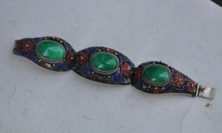 Chinese Old Tibet dynasty palace cloisonne silver inlaid jade bracelet 7