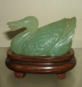 Chinese Jade Carving Of A Bird On Carved Wood Stand - Swan Or Duck