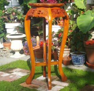 Pedestal Chinese Marble Carved Wood Plant Stand Lamp Art Statue Vase Vtg Table