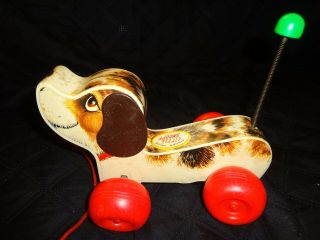 Vtg.  1965 Fisher Price Little Snoopy Puppy Along Dog Pull Toy - Wooden Clog - 693