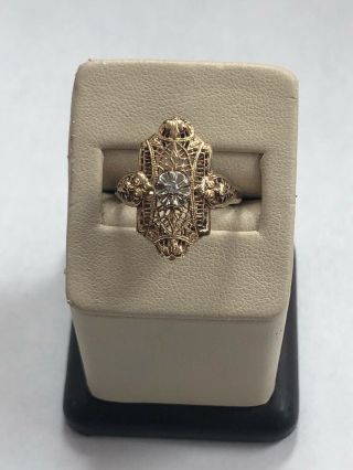 Vintage 14kt Yellow Gold Art Deco 1920s Filigree Diamond Elongated Ring