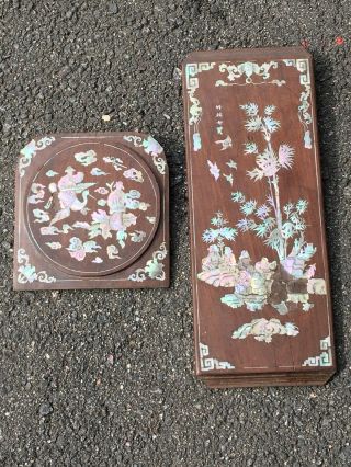 Antique Chinese Inlaid Mother Of Pearl Panels Signed
