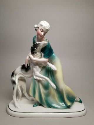 Rare Early Hertwig / Katzhutte Art Deco 9 - 5/8 " Lady W/ Borzoi Dog German Vintage
