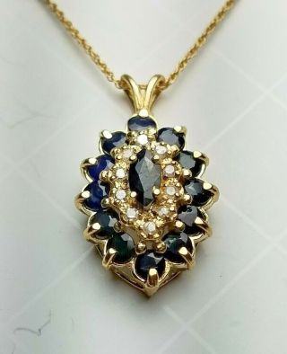 Estate 14k Yellow Gold Diamond & Blue Sapphire Pendant & 16 1/4 " Chain - 1.  50tgw