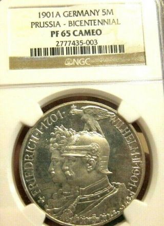1901 A Germany Prussia 5 Mark Silver Proof Ngc Pf - 65 Cameo Rare