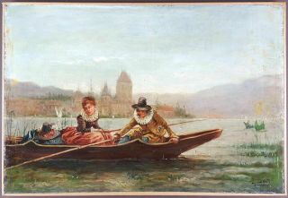 Antique Oil Painting On Canvas " Romantic Scene " 1800 Circa