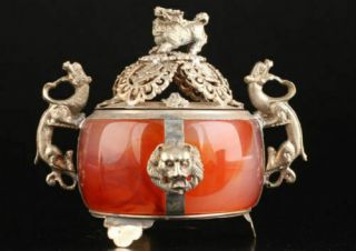 Vintage Collectable Old Tibet Copper Agate Lion Dragon Incense Burner