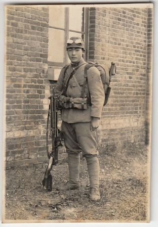 N34 Manchuria Garrison Japan Army Photo Fully - Armed Soldier With Dustproof Glass