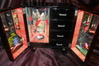 Vtg Japanese Lacquer Geisha Jewelry Music Box - - Hidden Drawers " Our Love Affair "