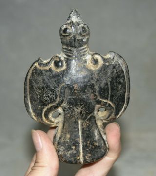 4.  4 " Neolithic China Hongshan Culture Old Black Meteor Eagle Owl Bird Statue