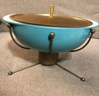 Vintage Pyrex Aqua Turquoise 024 2 Qt Bowl With Warming Stand & Lid Ufo Shape