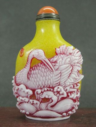 Chinese Crane Egret Carved Peking Overlay Glass Snuff Bottle