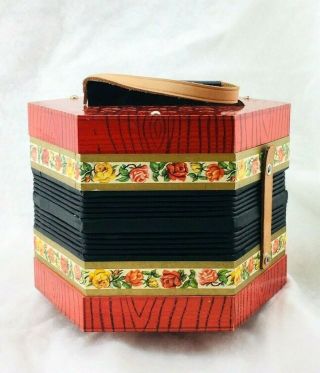 Vintage Red Wood Grain And Flower Design Concertina Accordion Hand Harmonica