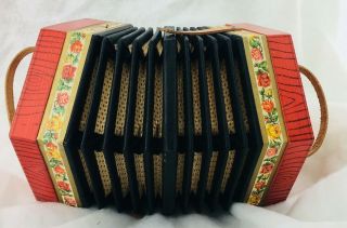 Vintage Red Wood Grain and Flower Design CONCERTINA ACCORDION HAND HARMONICA 2