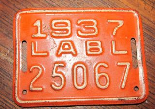 Very Rare Vintage 1937 La Los Angeles,  Ca Metal Bicycle License Plate