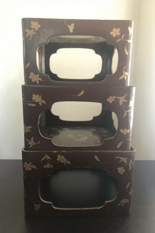 Fine Set Of 3 Antique Japanese Makie Lacquered Stacking Ikebana Trays Stands Art