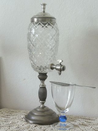 Vintage French Silvered Metal & Crystal Glass Absinthe Fountain And Spoon