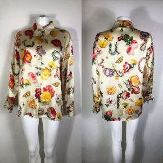 Rare Vtg Gucci 90s Silk Floral Logo Butterfly Shirt M