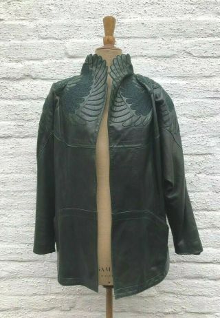 Vintage Jean Claude Jitrois Green Leather Embroidered Scalloped Collar Jacket M