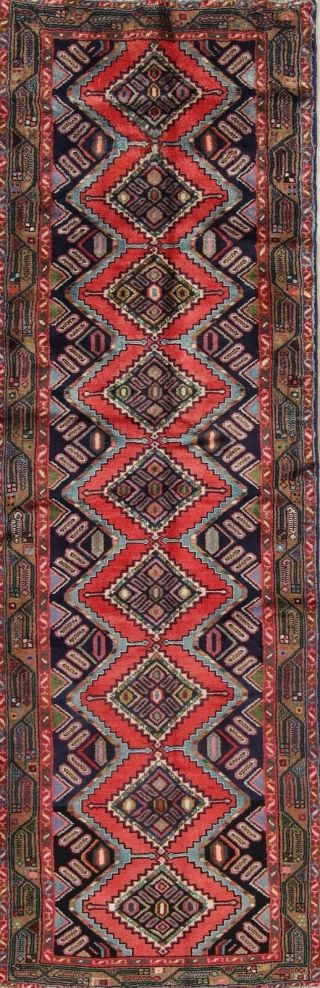 Vintage Geometric 10 Ft Hamedan Persian Runner Hand - Knotted Oriental Wool 3x10