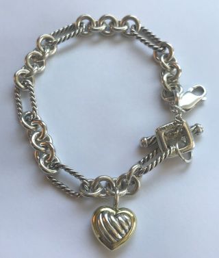 David Yurman Sterling Silver & 18k Yellow Gold Cable Heart Charm Bracelet