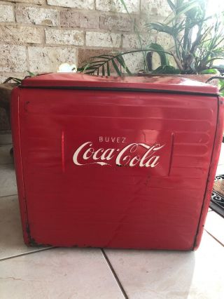 RARE Vintage Buvez Coca Cola Red Steel Picnic Cooler - French 2