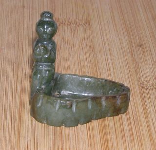 Vintage Chinese Green Jade Buddha Ink Well Hand Carved Brush Holder
