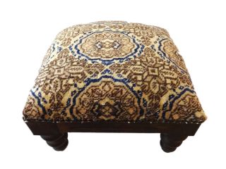 Antique Square Turkish Rug Footstool Newley Upholstered 16 " W