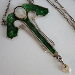 Rare Antique Arts & Crafts Sterling Silver Enamel Pearl Pendant Necklace