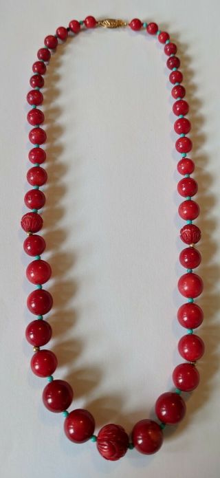 Antique 14k Gold Chinese Carved Coral Turquoise Graduated Bead Necklace