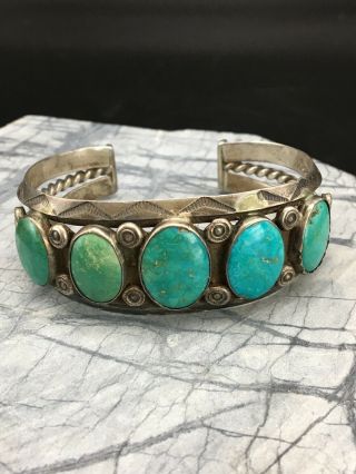 Vintage Silver Native American 5 Stone Turquoise Hand Stamped Old Pawn Bracelet